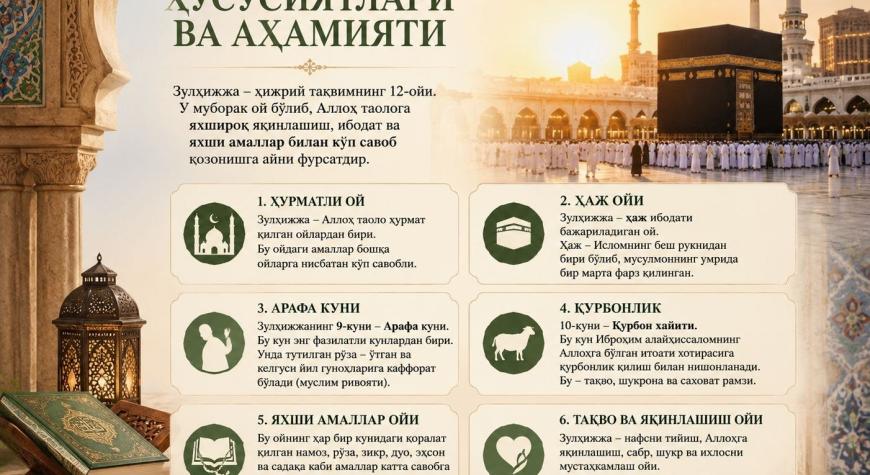 ЗУЛҲИЖЖА ОЙИНИНГ ХУСУСИЯТЛАРИ ВА АҲАМИЯТИ