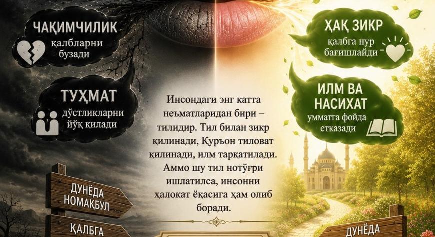ТИЛНИНГ ОФАТЛАРИ-ЁЛҒОН, ЧАҚИМЧИЛИК, ВА ТУҲМАТ.  МЎМИН ТИЛИДАН ФАҚАТ ҲАҚ СЎЗ ЧИҚАДИ.