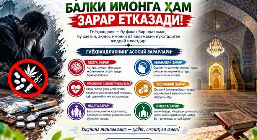 ГИЁҲВАНДЛИК НАФАҚАТ ҲАЁТГА, БАЛКИ ИМОНГА ҲАМ ЗАРАР ЕТКАЗАДИ!