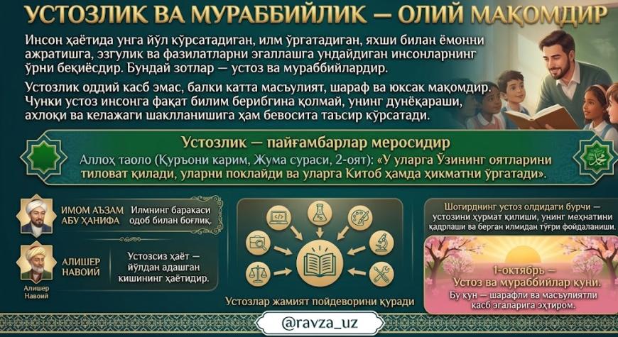 УСТОЗЛИК ВА МУРАББИЙЛИК — ОЛИЙ МАҚОМДИР